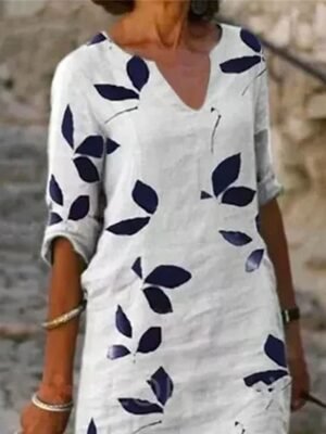 Casual Shift Leaf Print V Neck Half Sleeve Midi Dress - Image 2