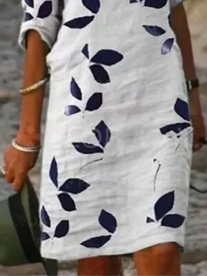 Casual Shift Leaf Print V Neck Half Sleeve Midi Dress - Image 3