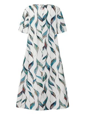 Casual Shift Leaf Print V Neck Half Sleeve Midi Dress - Image 3