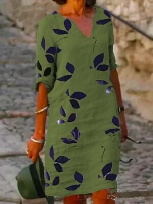 Casual Shift Leaf Print V Neck Half Sleeve Midi Dress - Image 5