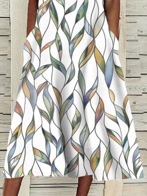 Casual Shift Leaf Print V Neck Half Sleeve Midi Dress - Image 5