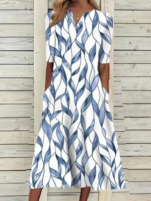 Casual Shift Leaf Print V Neck Half Sleeve Midi Dress - Image 6