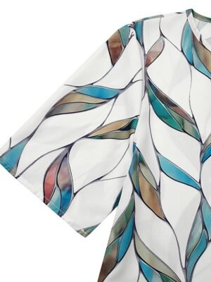 Casual Shift Leaf Print V Neck Half Sleeve Midi Dress - Image 8