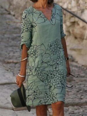 Casual Shift Leopard V Neck Half Sleeve Midi Dress - Image 12