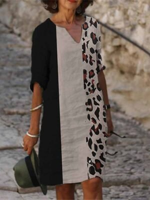 Casual Shift Leopard V Neck Half Sleeve Midi Dress - Image 13