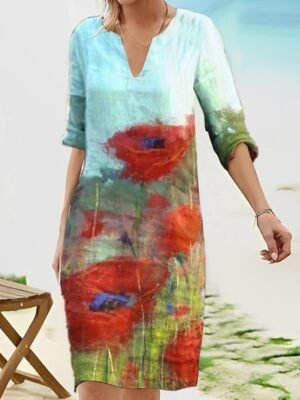 Casual Shift Leopard V Neck Half Sleeve Midi Dress - Image 9
