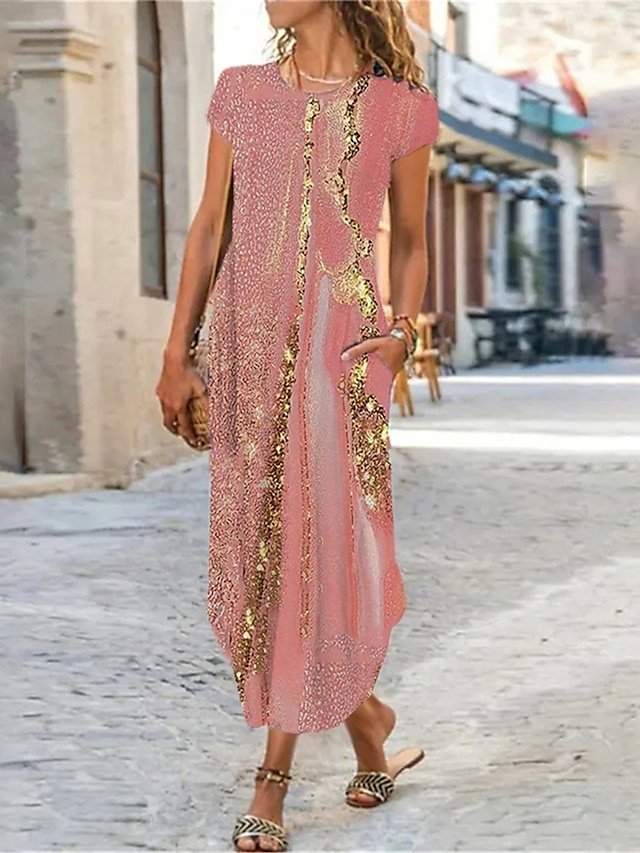 Casual Shift Ombre Marble Crew Neck Short Sleeve Maxi Dress - Image 1