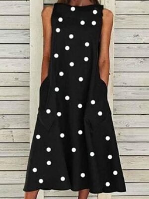 Casual Shift Polka Dot Crew Neck Sleeveless Midi Dress - Image 2