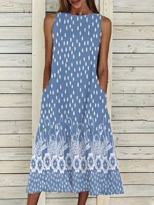 Casual Shift Polka Dot Crew Neck Sleeveless Midi Dress - Image 4