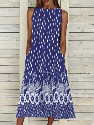 Casual Shift Polka Dot Crew Neck Sleeveless Midi Dress - Image 5