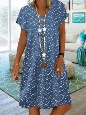 Casual Shift Polka Dot V Neck Short Sleeve Midi Dress - Image 1