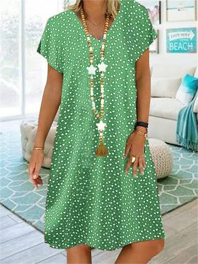 Casual Shift Polka Dot V Neck Short Sleeve Midi Dress - Image 2