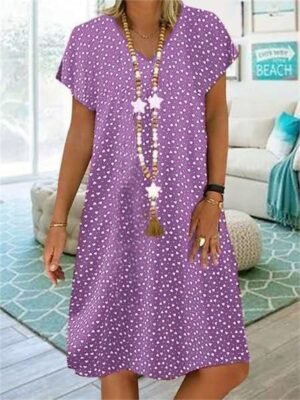 Casual Shift Polka Dot V Neck Short Sleeve Midi Dress - Image 3