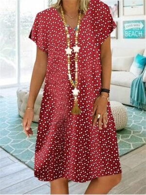 Casual Shift Polka Dot V Neck Short Sleeve Midi Dress - Image 4