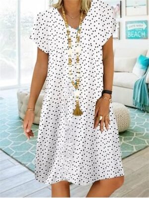 Casual Shift Polka Dot V Neck Short Sleeve Midi Dress - Image 5