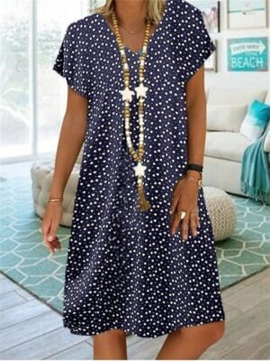 Casual Shift Polka Dot V Neck Short Sleeve Midi Dress - Image 6