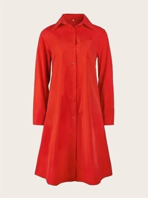 Casual Shift Pure Colour Shirt Collar Long Sleeve Midi Dress - Image 10