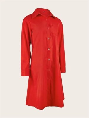 Casual Shift Pure Colour Shirt Collar Long Sleeve Midi Dress - Image 11