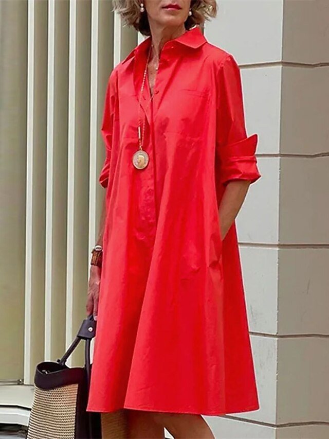 Casual Shift Pure Colour Shirt Collar Long Sleeve Midi Dress - Image 2