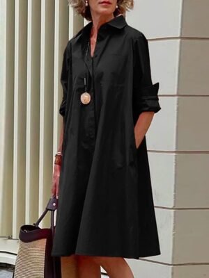 Casual Shift Pure Colour Shirt Collar Long Sleeve Midi Dress - Image 3