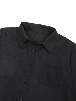 Casual Shift Pure Colour Shirt Collar Long Sleeve Midi Dress - Image 4