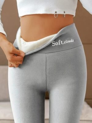 Casual Skinny Solid High Waist Ankle-Length Fleece Leggings - Image 1