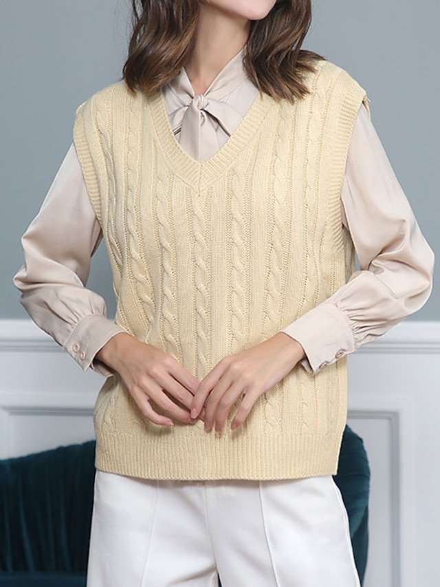 Casual Sleeveless Cable V Neck Knitted Vest - Image 1