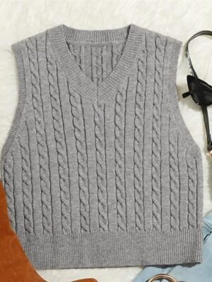 Casual Sleeveless Cable V Neck Knitted Vest - Image 6