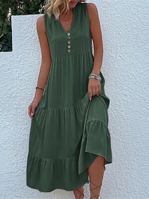 Casual Sleeveless Ruffle V Neck Midi Dress - Image 1