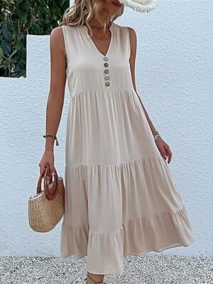 Casual Sleeveless Ruffle V Neck Midi Dress - Image 2