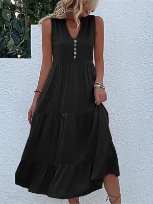 Casual Sleeveless Ruffle V Neck Midi Dress - Image 3