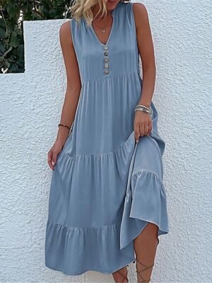 Casual Sleeveless Ruffle V Neck Midi Dress - Image 4