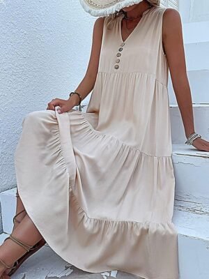 Casual Sleeveless Ruffle V Neck Midi Dress - Image 6