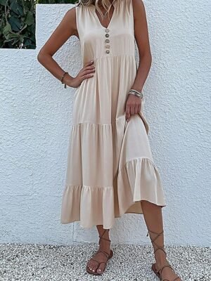 Casual Sleeveless Ruffle V Neck Midi Dress - Image 7