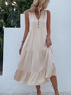 Casual Sleeveless Ruffle V Neck Midi Dress - Image 8