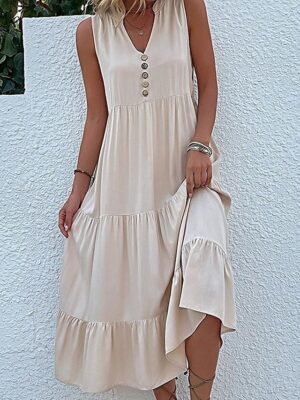 Casual Sleeveless Ruffle V Neck Midi Dress - Image 9