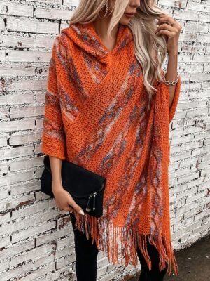 Casual Sleeveless Striped V Neck Hooded Long Cape - Image 1