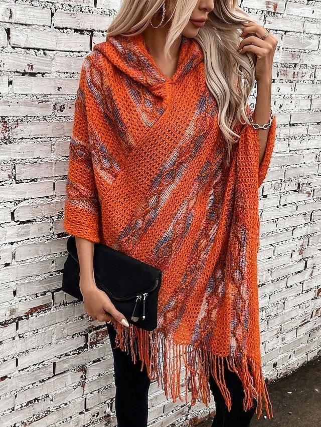 Casual Sleeveless Striped V Neck Hooded Long Cape - Image 1