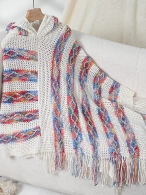 Casual Sleeveless Striped V Neck Hooded Long Cape - Image 6