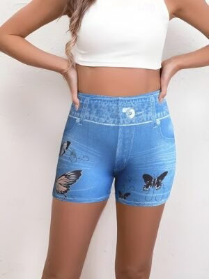 Casual Slim Fit 3D Print High Waist Short Leggings - Image 4