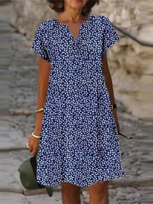 Casual Slim Floral V Neck Short Sleeve Mini Dress - Image 2