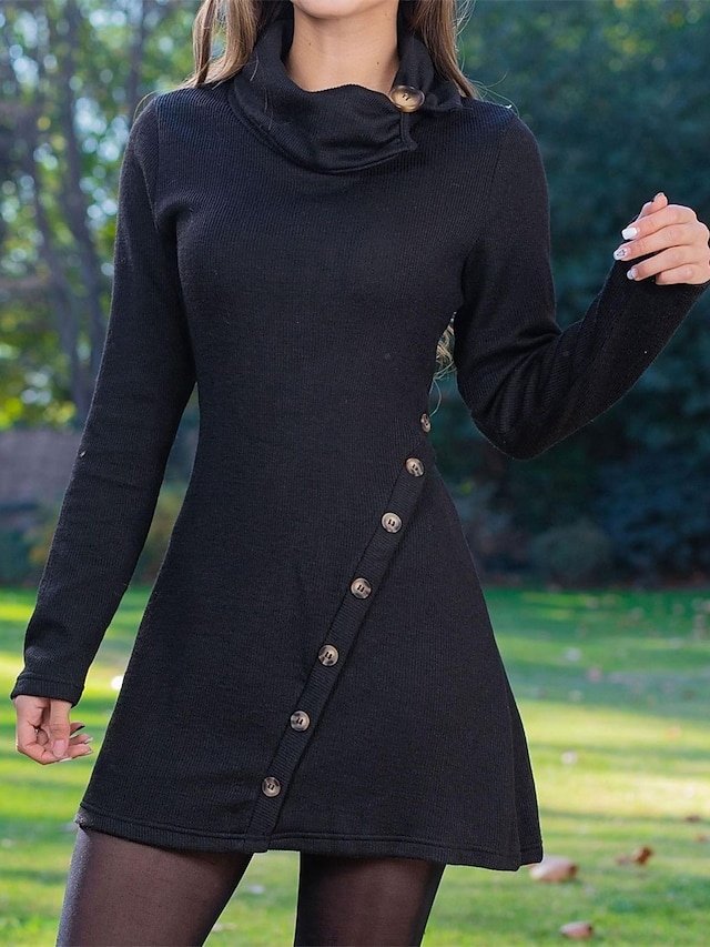 Casual Slim Plain Lapel Long Sleeve Mini A-Line Dress - Image 1