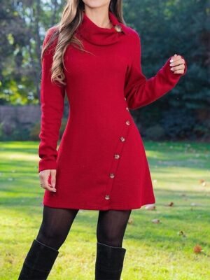 Casual Slim Plain Lapel Long Sleeve Mini A-Line Dress - Image 2