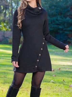 Casual Slim Plain Lapel Long Sleeve Mini A-Line Dress - Image 3