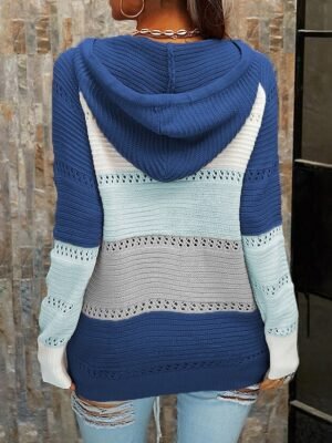 Casual Soft Colour Block Crew Neck Hooded Long Sleeve Knit Top - Image 2