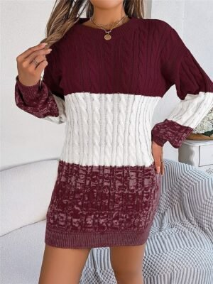 Casual Soft Colour Block Crew Neck Long Sleeve Knitted Sweater Dress - Image 10