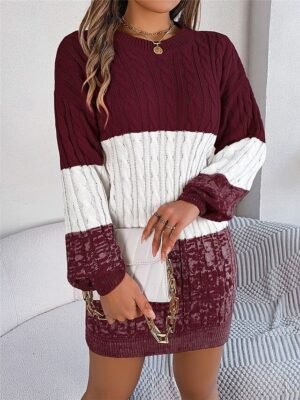 Casual Soft Colour Block Crew Neck Long Sleeve Knitted Sweater Dress - Image 11