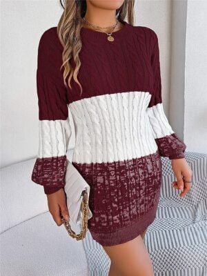 Casual Soft Colour Block Crew Neck Long Sleeve Knitted Sweater Dress - Image 12