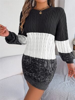 Casual Soft Colour Block Crew Neck Long Sleeve Knitted Sweater Dress - Image 15