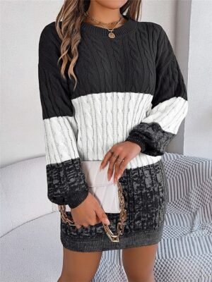 Casual Soft Colour Block Crew Neck Long Sleeve Knitted Sweater Dress - Image 16